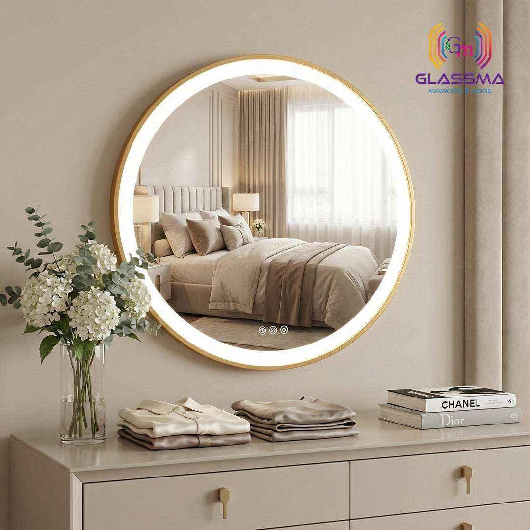 Golden Round LED Bathroom Mirror | Aluminum Frame Front-Lit Vanity Mirror - Glassma